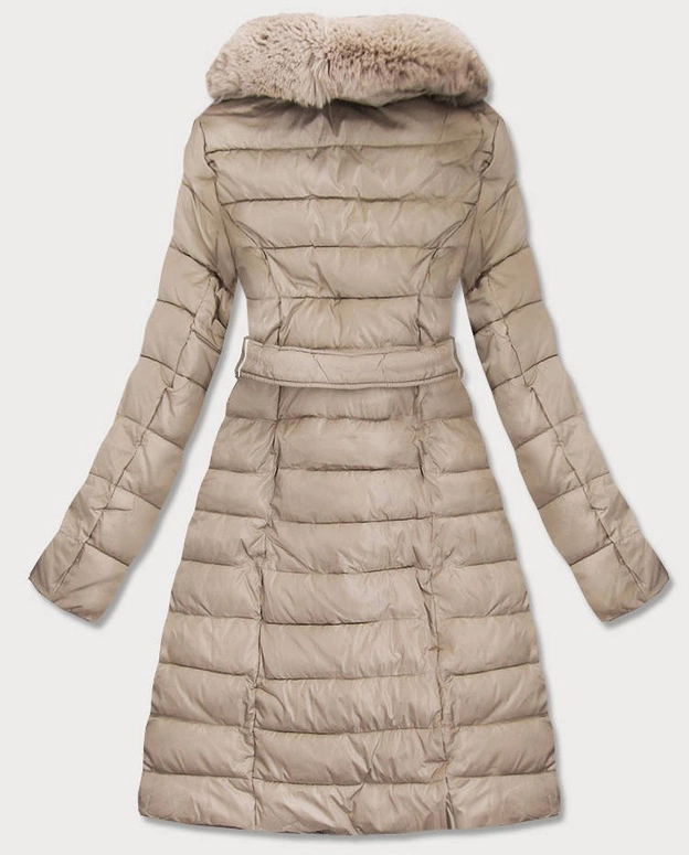 DAMSKI PIKOWANY PŁASZCZ Z FUTREM BEŻOWY (X001X)