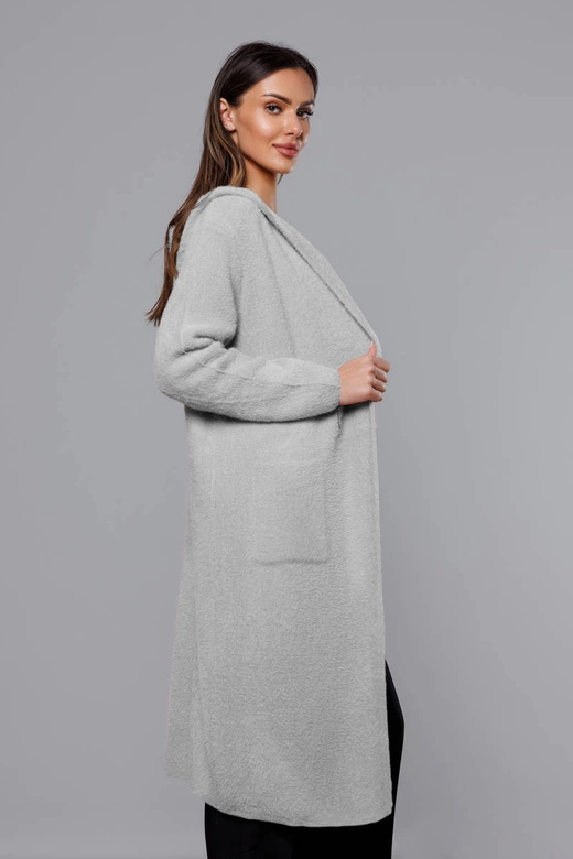 Długa wełniana narzutka alpaka z kapturem jasnoszara (M105-1)