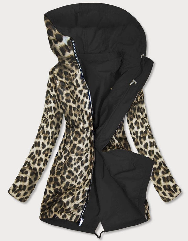 DWUSTRONNA PARKA DAMSKA Z KAPTUREM CZARNA-PANTERKA (W354BIG)