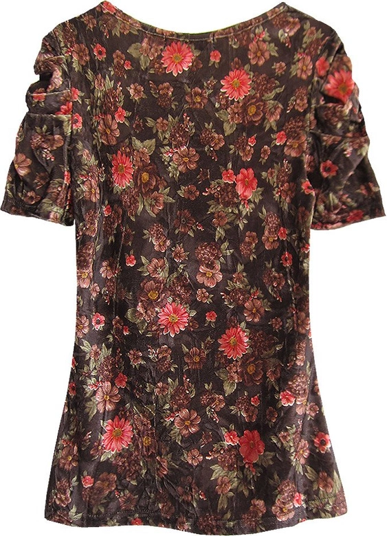 WELUROWA BLUZKA W KWIATY BRĄZOWO-ZIELONA (3682/9)