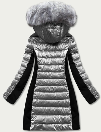 Zimowa kurtka damska z łączonych materiałów szara (dk067-45)