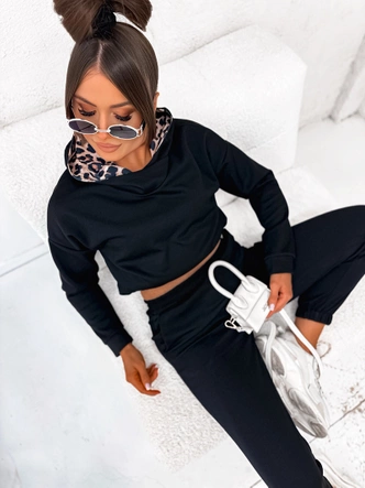 Komplet dresowy damski z kapturem w panterkę czarny (82146)