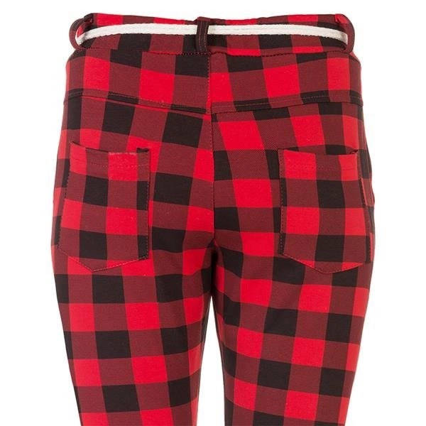 BAWEŁNIANE SPODNIE W KRATĘ CZARNO-CZERWONE (8953)