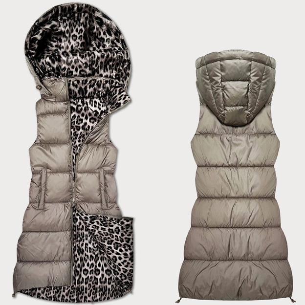 Gruba kamizelka dwustronna z odpinanym kapturem beżowy-panterka (T5-2602#-62)