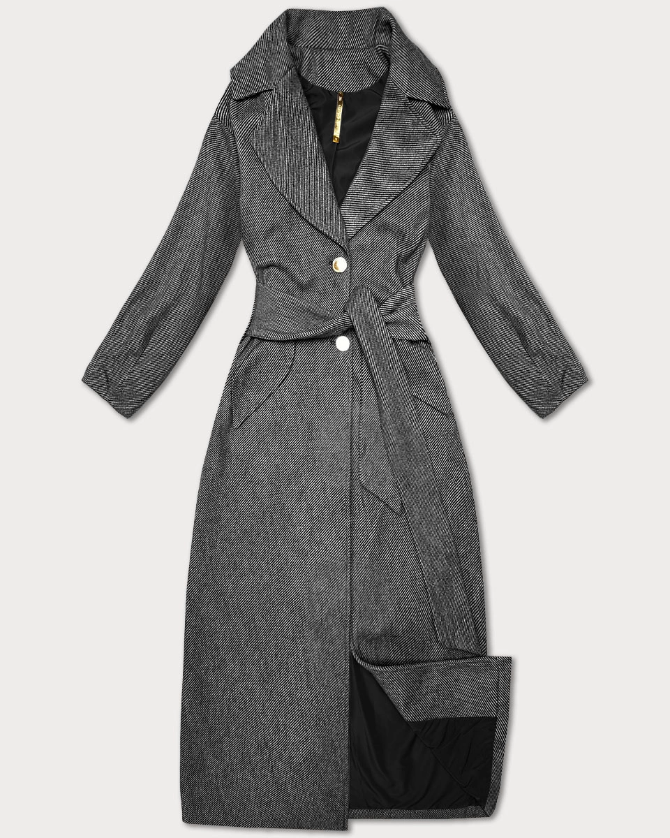 Długi płaszcz damski z paskiem S'West czarny-paseczki (B8542-1)