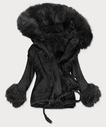 DAMSKA KRÓTKA KURTKA JEANSOWA Z FUTRZANĄ PODPINKĄ CZARNA (T2866)