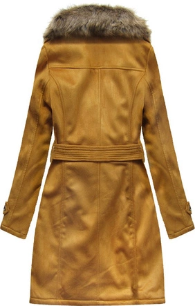 ZAMSZOWY DAMSKI PŁASZCZ ZIMOWY Z PASKIEM MUSZTARDOWY (6515)