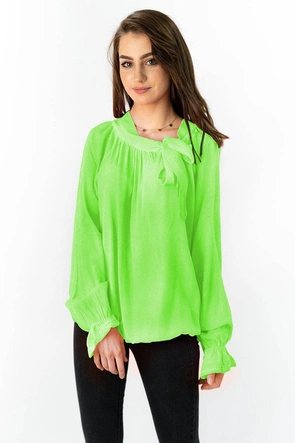 BAWEŁNIANA BLUZKA Z WIĄZANĄ STÓJKĄ LIMONKOWA (298ART)