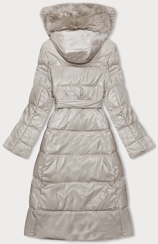 Puchowy płaszcz z ekoskóry z futrem Ann Gissy ecru (AG9-9003)