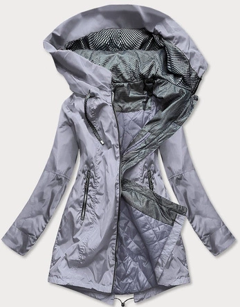 TRAPEZOWA KURTKA DAMSKA Z OZDOBNYMI MANKIETAMI SZARA (B9565)