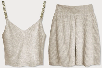 DZIANINOWY KOMPLET TOP + SZORTY BEŻOWY (798)