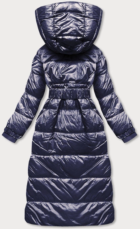 Długa damska kurtka z paskiem granatowa (ag8-8002)