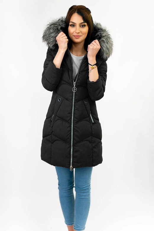 DŁUŻSZA PIKOWANA DAMSKA KURTKA ZIMOWA Z KAPTUREM CZARNA (B2643)