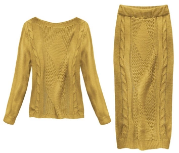 KOMPLET A'LA WEŁNIANY SWETER+SPÓDNICA MUSZTARDOWY (159ART)