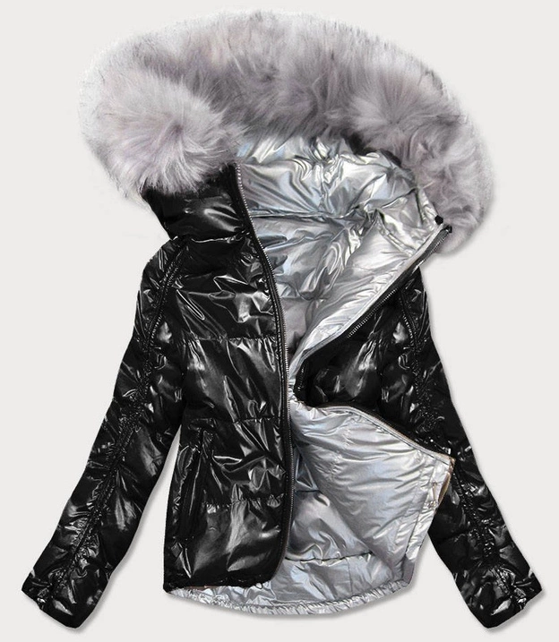 DWUSTRONNA METALICZNA KURTKA DAMSKA CZARNO-SREBRNA (GWW1908)