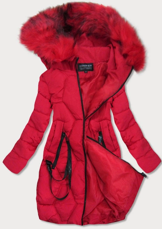 PIKOWANA KURTKA DAMSKA ZIMOWA Z OZDOBNYMI TAŚMAMI CZERWONA (20163)