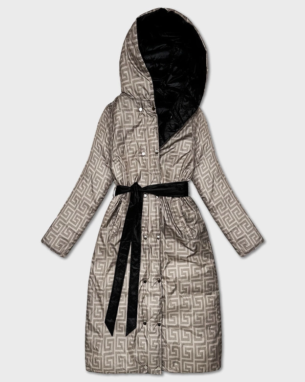 Dwustronna długa kurtka z kapturem czarny/beż (P22-6638-1+62)