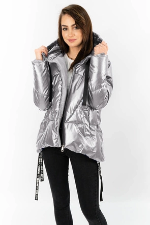 Krótka kurtka damska z asymetrycznym dołem jasnoszara (632art)