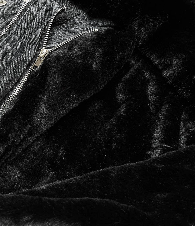 DAMSKA KURTKA JEANSOWA Z FUTRZANĄ PODPINKĄ CZARNA (9020#)