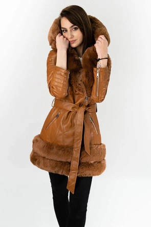 DŁUŻSZA RAMONESKA Z FUTRZANYM KAPTUREM BRĄZOWA (0583)