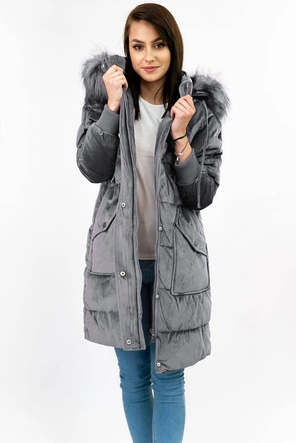 Sztruksowa zimowa kurtka damska z kapturem szara (7764)