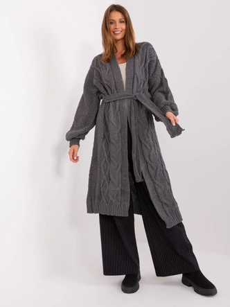 Długi gruby kardigan z paskiem ciemny szary (8020)