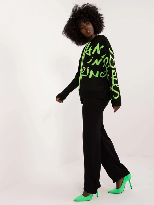 Zestaw 2-częściowy sweter z kapturem i szerokie spodnie czarny/zielony (1469)