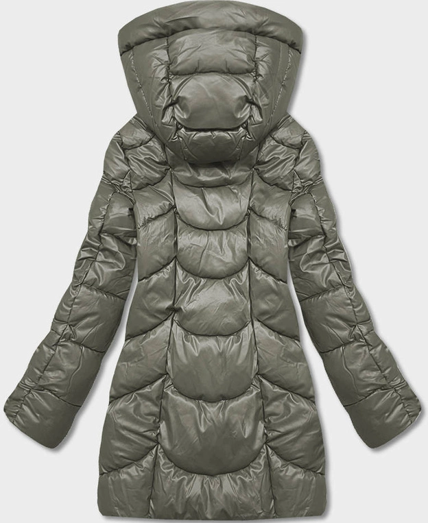 Luźna kurtka zimowa damska ze skóry ekologicznej khaki (AG2-J90)