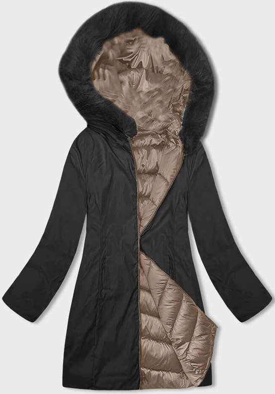 Zimowa dwustronna kurtka damska z kapturem cappuccino-czarny (B8202-1021)