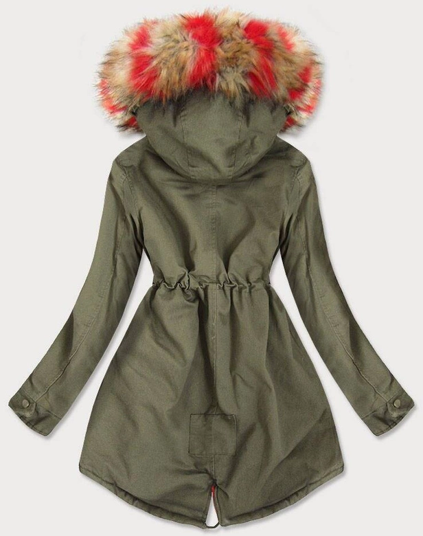 Kurtka parka damska zimowa khaki-czerwona (x619x)