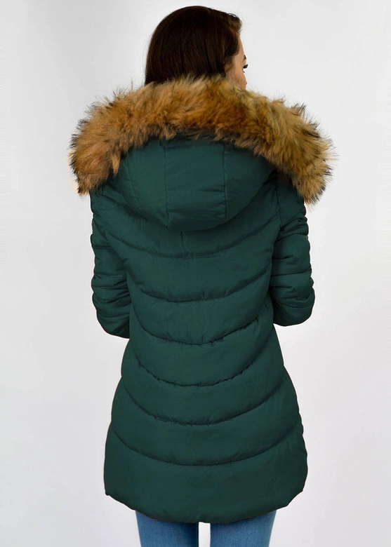 ZIMOWA PIKOWANA KURTKA DAMSKA Z KAPTUREM CIEMNOZIELONA (B2633)