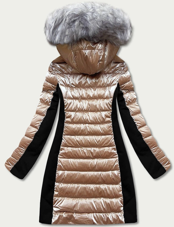 Zimowa kurtka damska z łączonych materiałów beżowa (dk067-95)