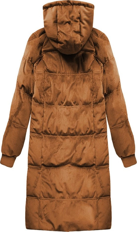 Zimowa sztruksowa kurtka damska z kapturem karmelowa (7763)