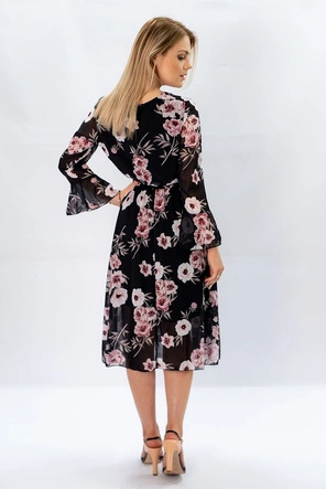 SZYFONOWA SUKIENKA KOPERTOWA W KWIATY CZARNA (483ART)