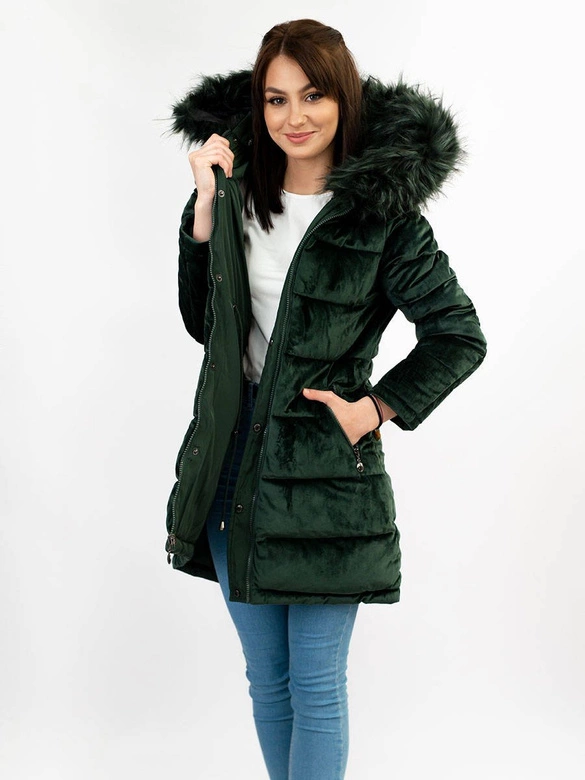 DWUSTRONNA DAMSKA PARKA ZIMOWA WELUROWA CIEMNOZIELONA (7911)