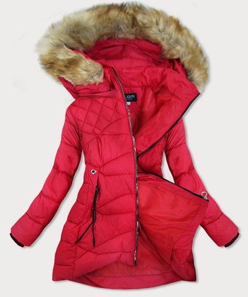 PIKOWANA KURTKA DAMSKA Z KAPTUREM CZERWONA (808BIG)
