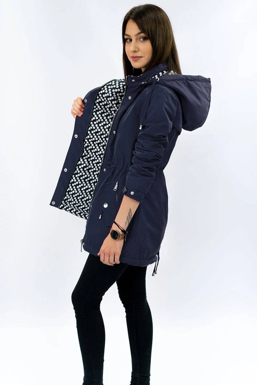 Dwustronna kurtka parka damska granatowa/kropki (w662)