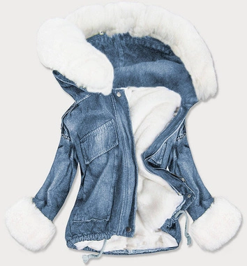 DAMSKA  KURTKA JEANSOWA Z FUTRZANĄ PODPINKĄ NIEBIESKO - BIAŁA (9023#)