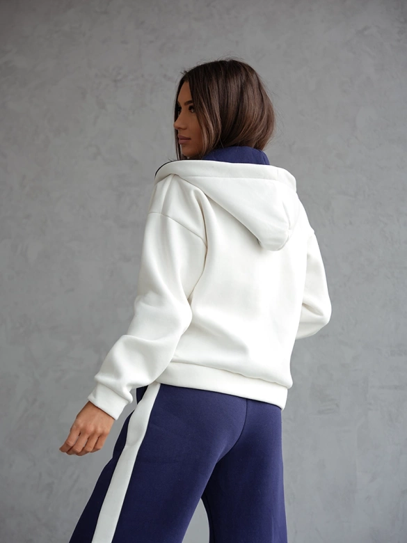 Gruby bawełniany komplet damski z rozpinaną bluzą biały-granat (503)