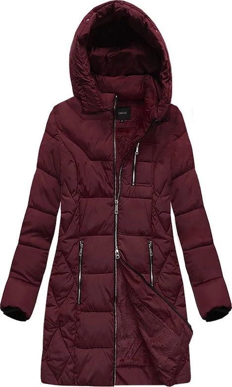 DŁUŻSZA ZIMOWA KURTKA DAMSKA Z KAPTUREM BORDOWA (B9902)