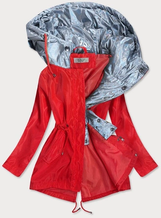 KURTKA DAMSKA Z OZDOBNYM KAPTUREM CZERWONO/SREBRNA (YR2022)