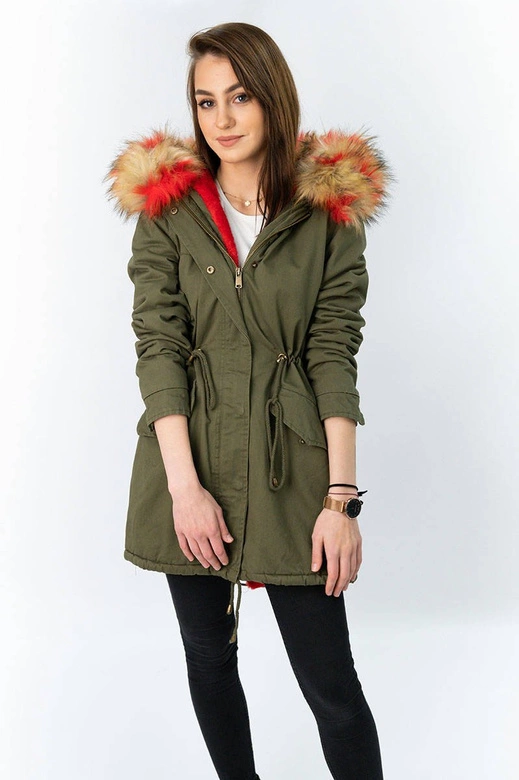 Kurtka parka damska zimowa khaki-czerwona (x619x)