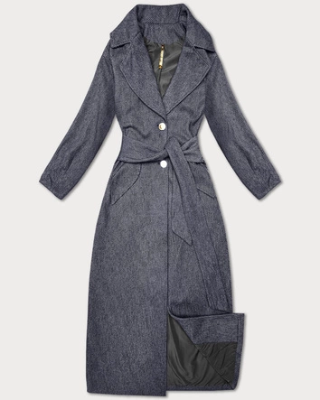 Długi płaszcz damski z paskiem S'West granat-paseczki (B8542-26)