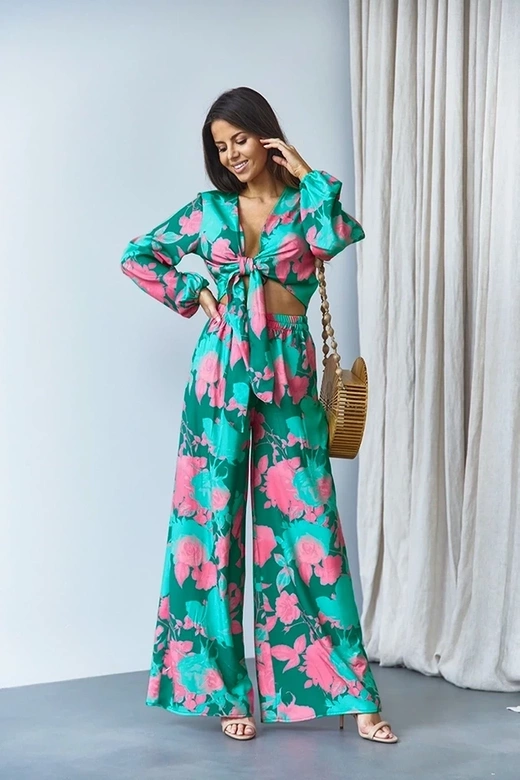 Zestaw wiązana bluzka i szerokie spodnie zielony (8175)