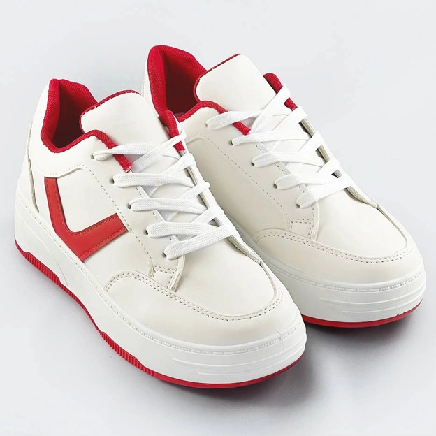 Sznurowane buty sportowe damskie biało-czerwone (s070)