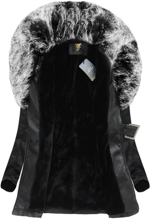 Płaszcz ze skóry ekologicznej z futrzanym kołnierzem Libland czarny-szary (LD-5518)