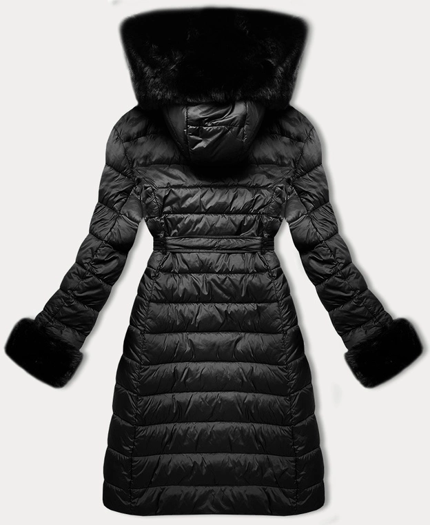 Puchowy płaszcz zimowy z futrzanym kapturem J Style czarny (11Z8095)
