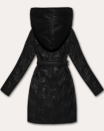 Pikowany płaszcz damski z paskiem S'West czarny (B8508-1)