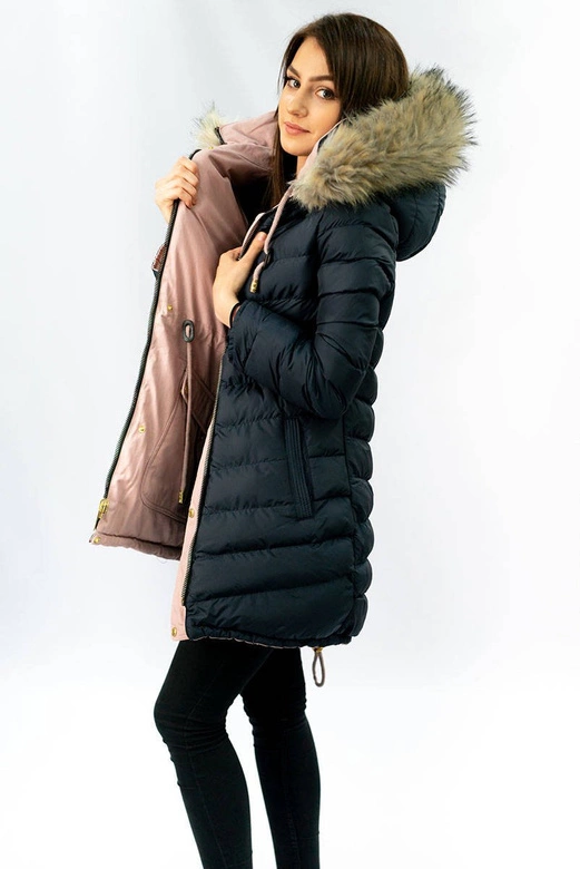 DWUSTRONNA DAMSKA KURTKA ZIMOWA Z KAPTUREM RÓŻOWO-GRANATOWA (W632)