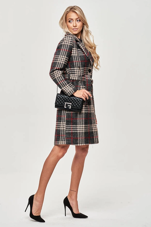 PŁASZCZ DAMSKI W KRATĘ GRAFIT-BEŻ (OMDL-011)